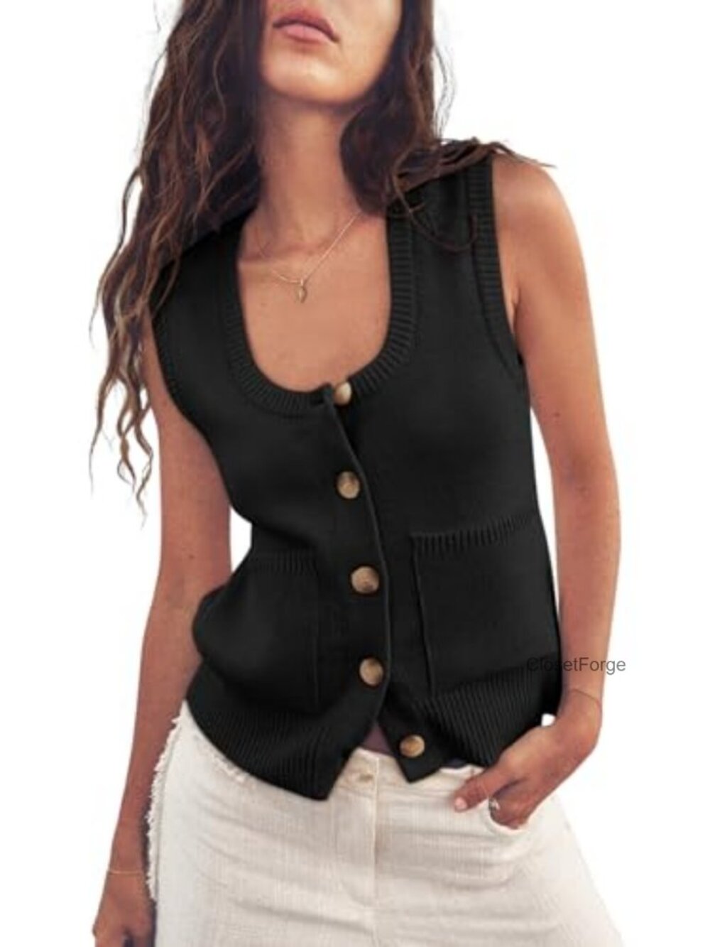 Ribbed Knit Sleeveless Button Down Sweater Vest with Front Pockets